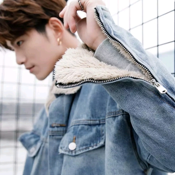 Long DENIM jean jacket/coat Fleece lined button thicker - Picture 2 of 11